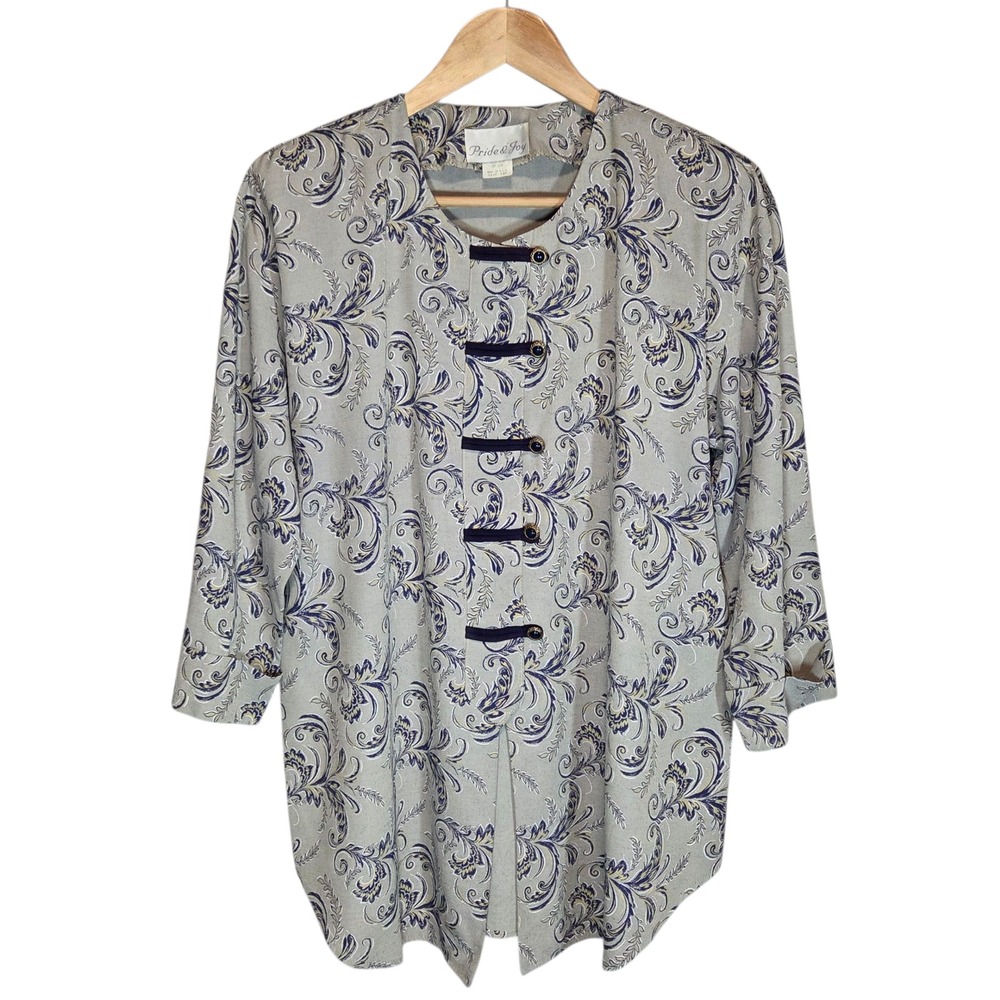 Vtg 90s Pride & Joy Mandarin Collar Button Down Top‎ Womens 14P Gray Blue Floral
